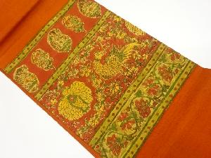 手織り紬横段に花鳥・花唐草模様名古屋帯